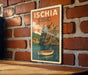 A vintage-style poster of a boat on a body of water, with a castle or building in the background, is displayed on a brick wall.