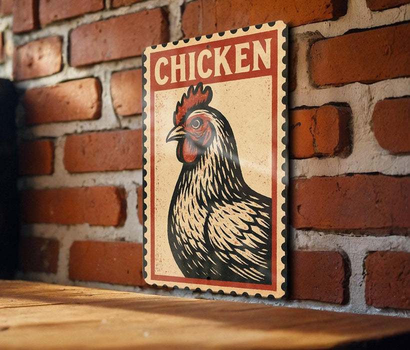 A vintage-style sign featuring a stylized illustration of a rooster is displayed on a brick wall.