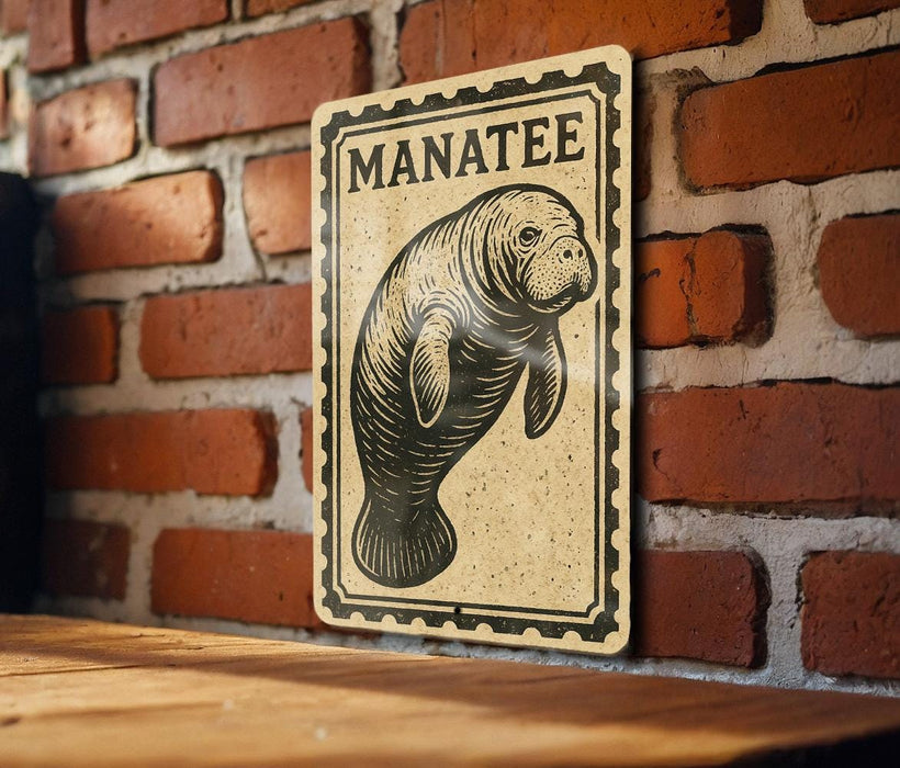 A sign featuring a manatee, a large sea mammal, is displayed on a brick wall.
