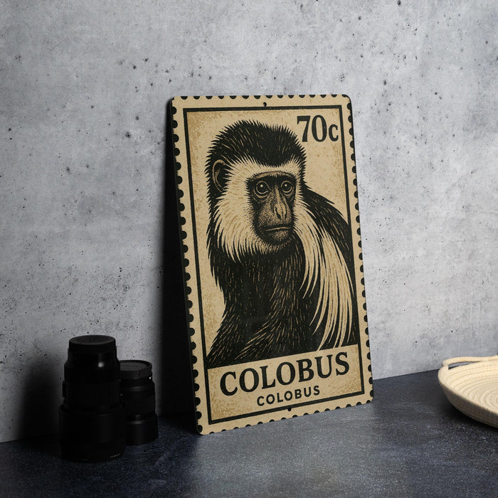 A 70 cent postage stamp featuring a close-up of a colobus monkey, placed on a dark surface next to some black camera lenses.