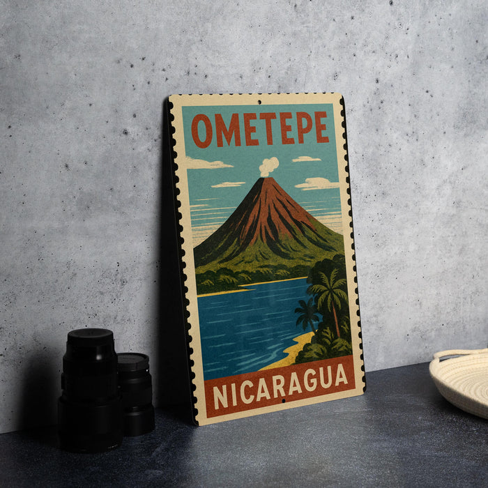 A vintage-style poster of Ometepe, the largest active volcano in Central America, with a mountain and a body of water in the background.