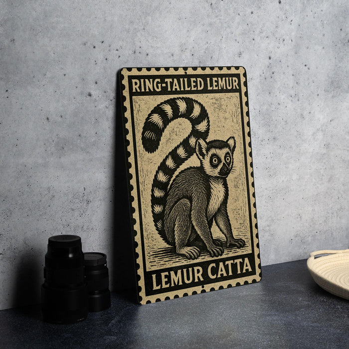 A framed illustration of a lemur, a type of primate, is displayed on a wall next to a stack of black camera lenses.