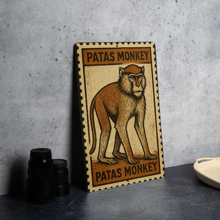 A wooden sign featuring an illustration of a monkey, with the text "PATAS MONKEY" printed on it.