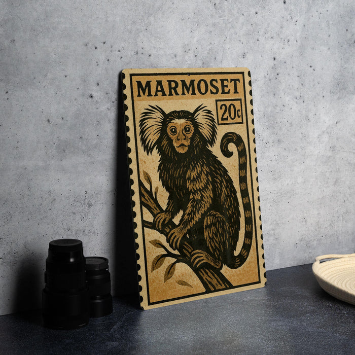 a framed print of a monkey sitting on a branch, with a stamp-like border and text.