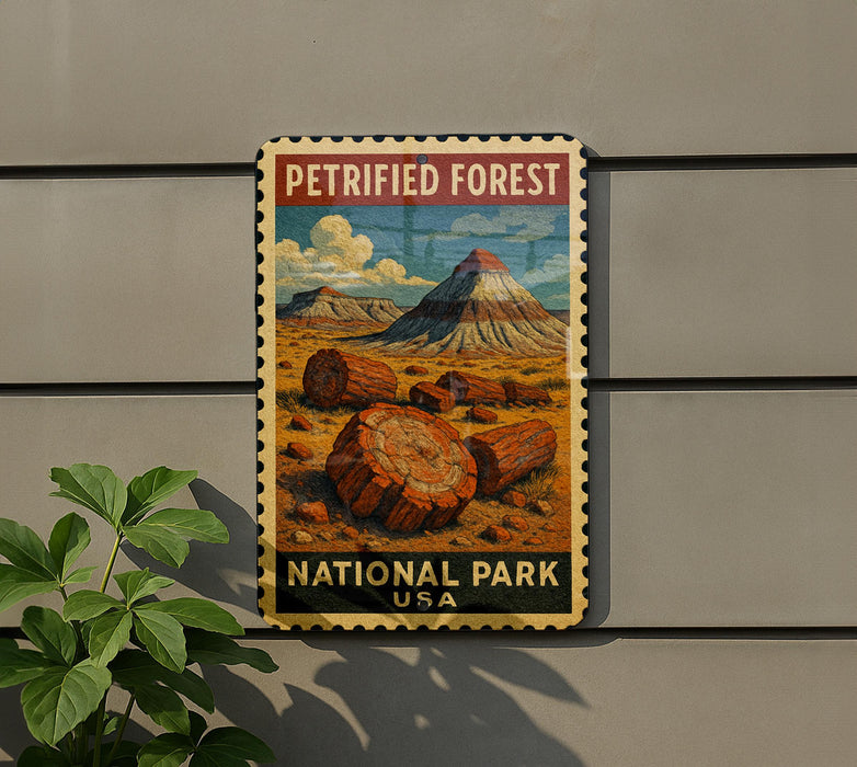 A vintage-style metal sign for the Petrified Forest National Park in the United States, featuring a landscape with a mountain and fallen tree trunks.