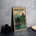 A vintage-style metal sign with a Chinese temple and mountains in the background, along with the text "Hangzhou China".