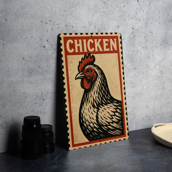 A framed illustration of a rooster is displayed on a wall, with a stack of black cups and a white dish nearby.
