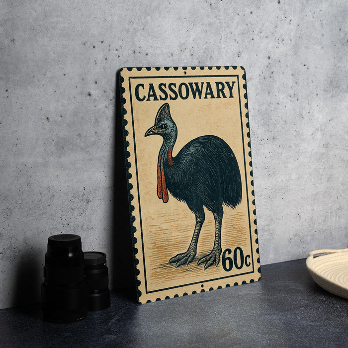 A metal sign featuring a black bird, likely a cassowary, with a stamp-like border and text.