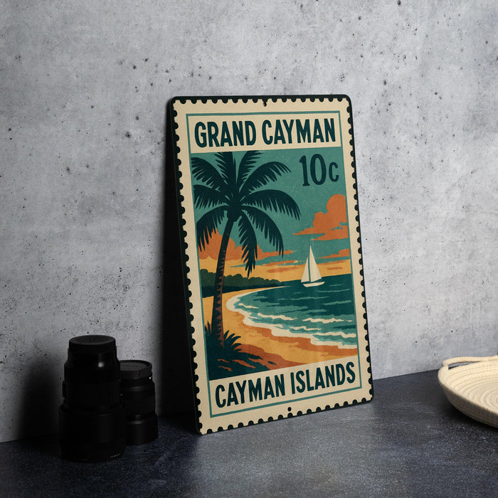 A vintage-style postage stamp from the Grand Cayman Islands, featuring a palm tree and a sailboat on the beach, with the text "GRAND CAYMAN" and "10c" printed on it.