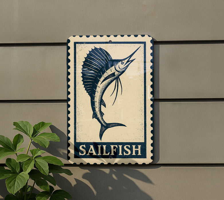 a sign with a blue and white design depicting a sailfish, mounted on a wall.