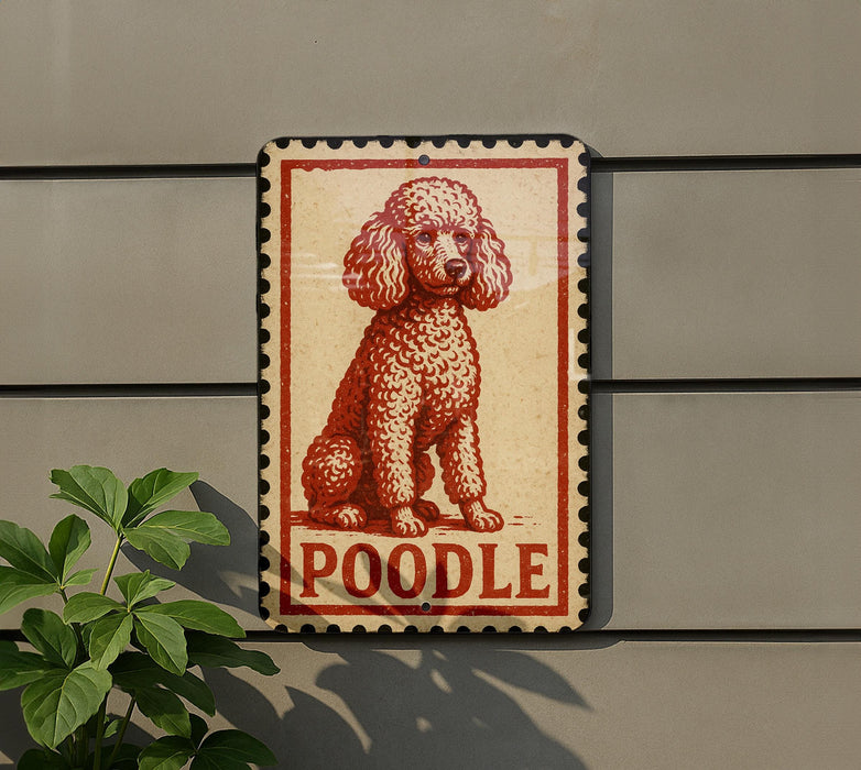 a poodle sign on a wall, with a plant to the left of the sign.