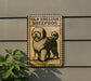 a sign with a picture of a shaggy dog, specifically an Old English Sheepdog, mounted on a wall.