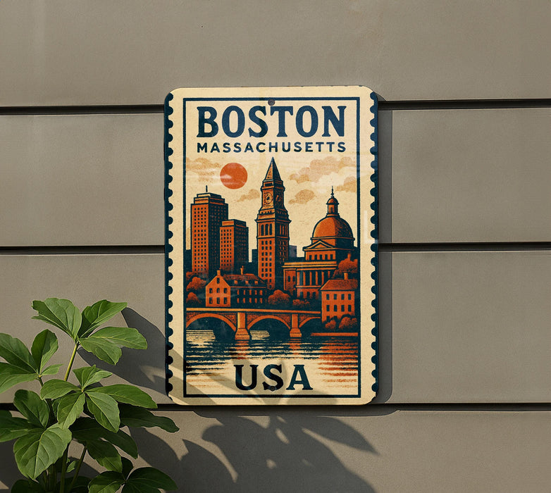 A vintage-style metal sign with the text "BOSTON MASSACHUSETTS USA" and an illustration of the Boston skyline, including a clock tower and a bridge, is displayed on a wall next to a plant.