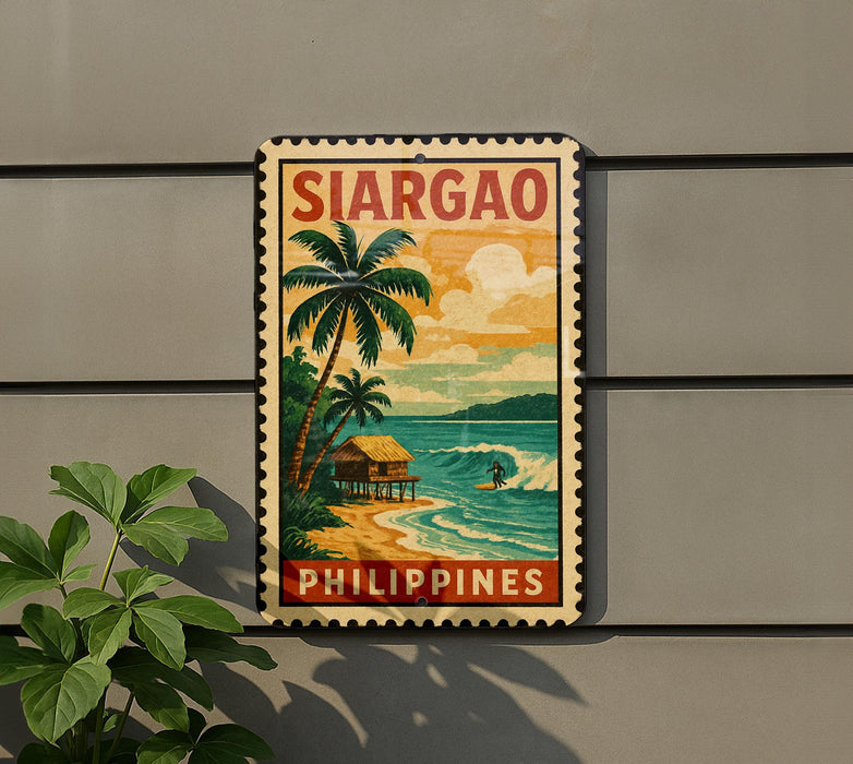 A vintage-style metal sign with a tropical beach scene and palm trees, featuring the text "SIARGao Philippines" and a surfer riding a wave.