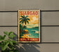 A vintage-style metal sign with a tropical beach scene and palm trees, featuring the text "SIARGao Philippines" and a surfer riding a wave.