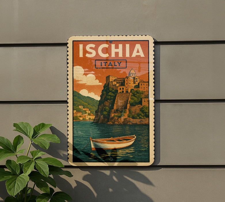 A vintage-style poster of the town of Ischia, Italy, featuring a small boat on the water and a picturesque landscape with buildings and hills.