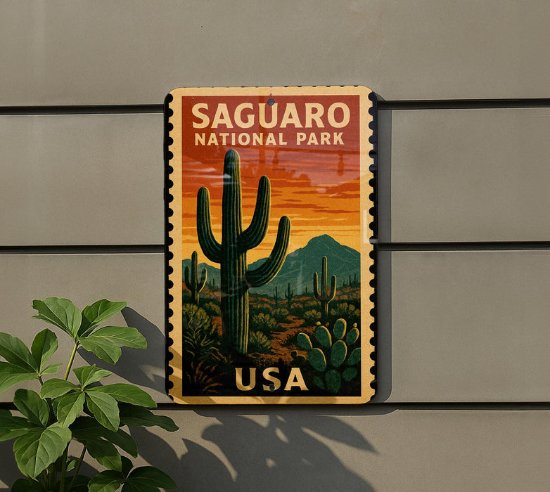 A vintage-style sign for Saguaro National Park in the United States, featuring a cactus landscape with a sunset in the background.