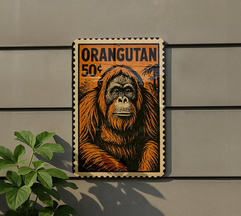 an orange and black stamp-like artwork depicting an orangutan, with the text "ORANGUTAN 50¢" prominently displayed.