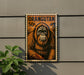 an orange and black stamp-like artwork depicting an orangutan, with the text "ORANGUTAN 50¢" prominently displayed.