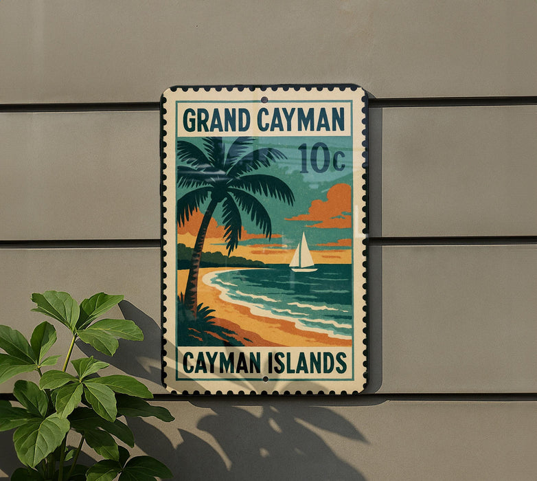 A vintage-style postage stamp depicting a tropical beach scene with a palm tree, a sailboat, and the text "GRAND CAYMAN 10c" and "CAYMAN ISLANDS".