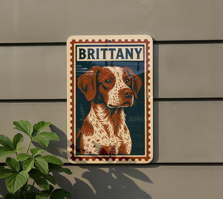 A sign featuring a dog's portrait with the name "BRITTANY" displayed above it.