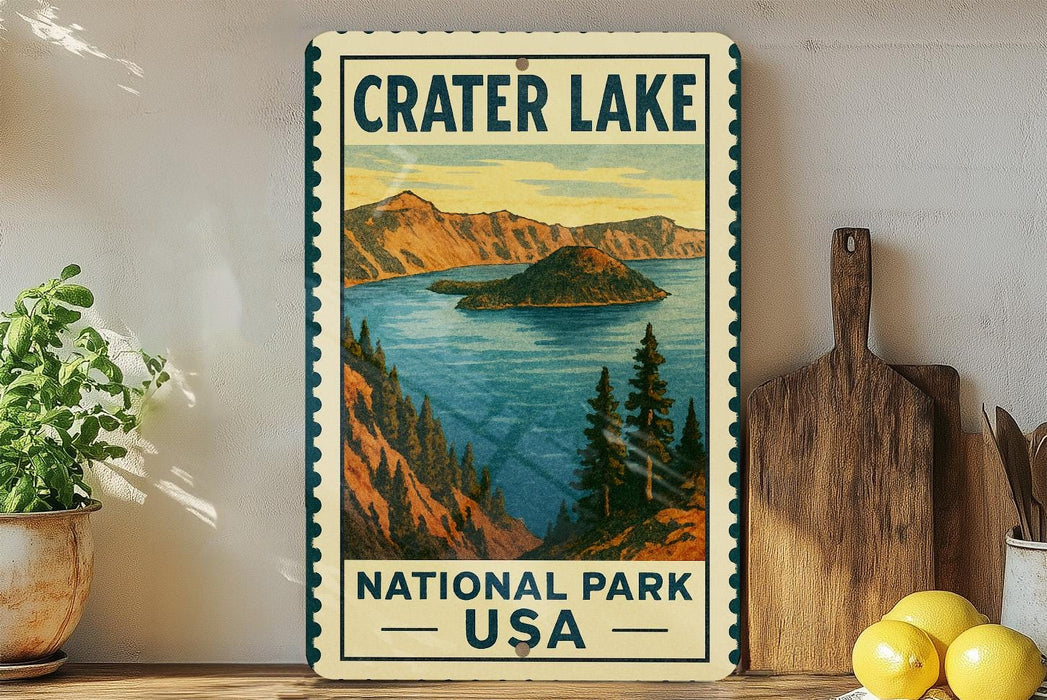 A vintage-style metal sign for Crater Lake National Park, featuring a scenic illustration of the lake and mountains.
