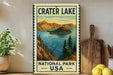 A vintage-style metal sign for Crater Lake National Park, featuring a scenic illustration of the lake and mountains.