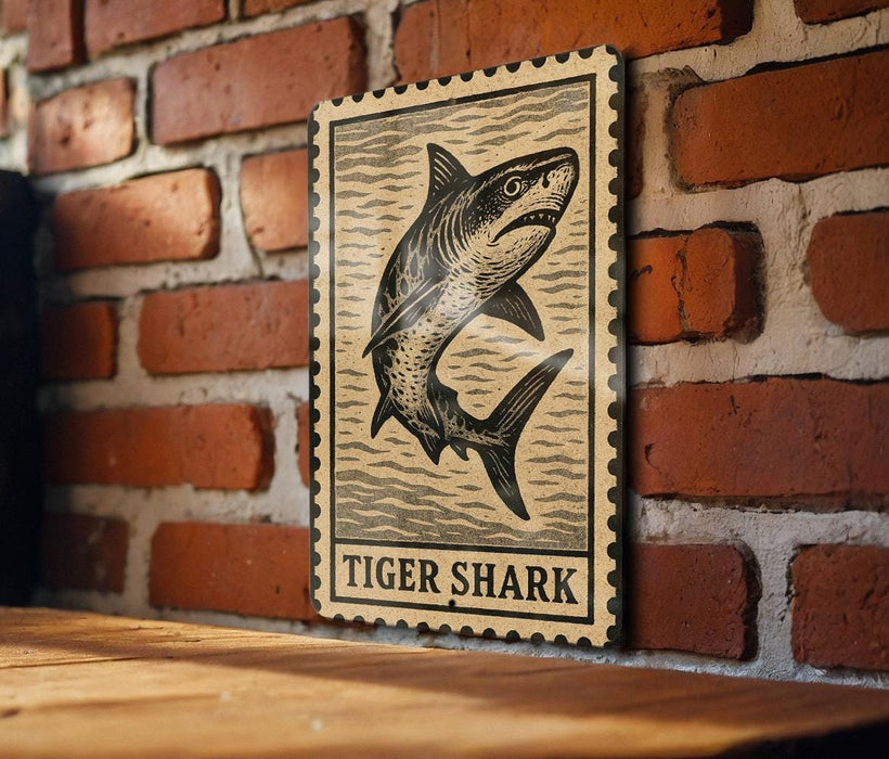 A wooden table with a framed image of a tiger shark on it, mounted on a brick wall.