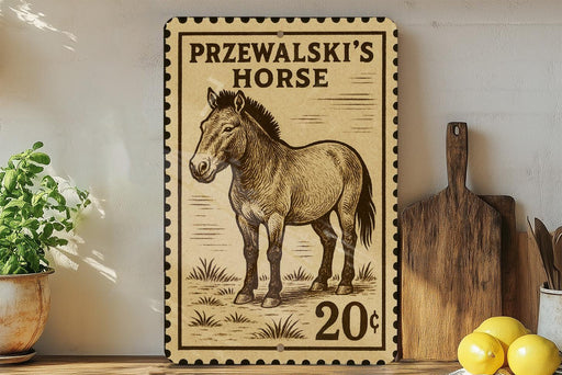 a wooden sign with a drawing of a horse, placed on a wooden surface next to a wooden cutting board and some lemons.