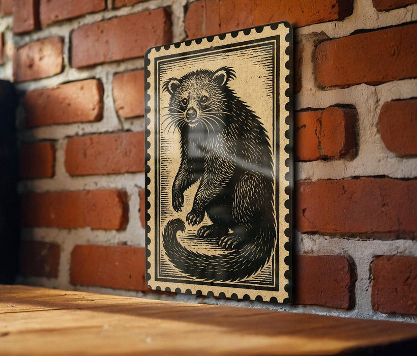 a wooden table with a framed illustration of a raccoon on it, mounted on a brick wall.