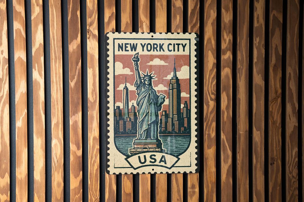 A vintage-style metal stamp featuring the Statue of Liberty in New York City, with the text "NEW YORK CITY USA" prominently displayed.
