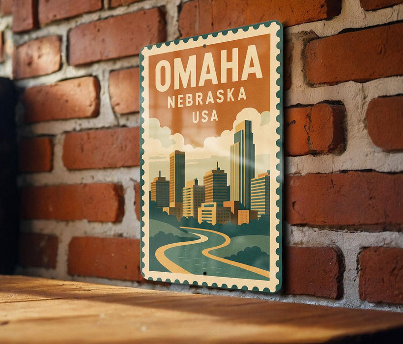 A vintage-style metal sign displaying the text "OMAHA NEBRASKA USA" with an illustration of a cityscape.