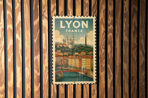 A vintage-style postage stamp from Lyon, France, featuring a cityscape with a bridge and a castle, hanging on a wooden wall.