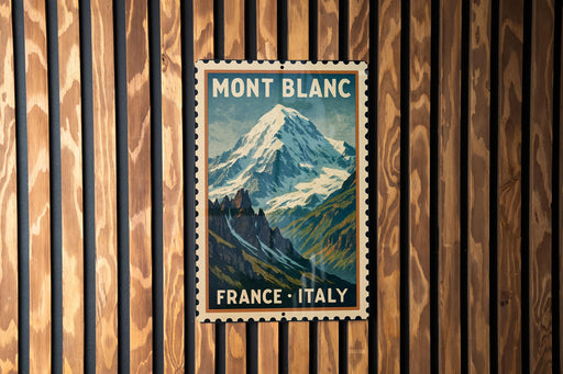 A vintage-style poster of a mountain landscape with the text "MONT BLANC FRANCE ITALY" displayed prominently in the center.