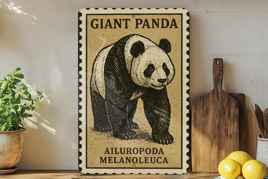 A framed illustration of a panda bear is displayed on a shelf, accompanied by a wooden cutting board, a potted plant, and some lemons.