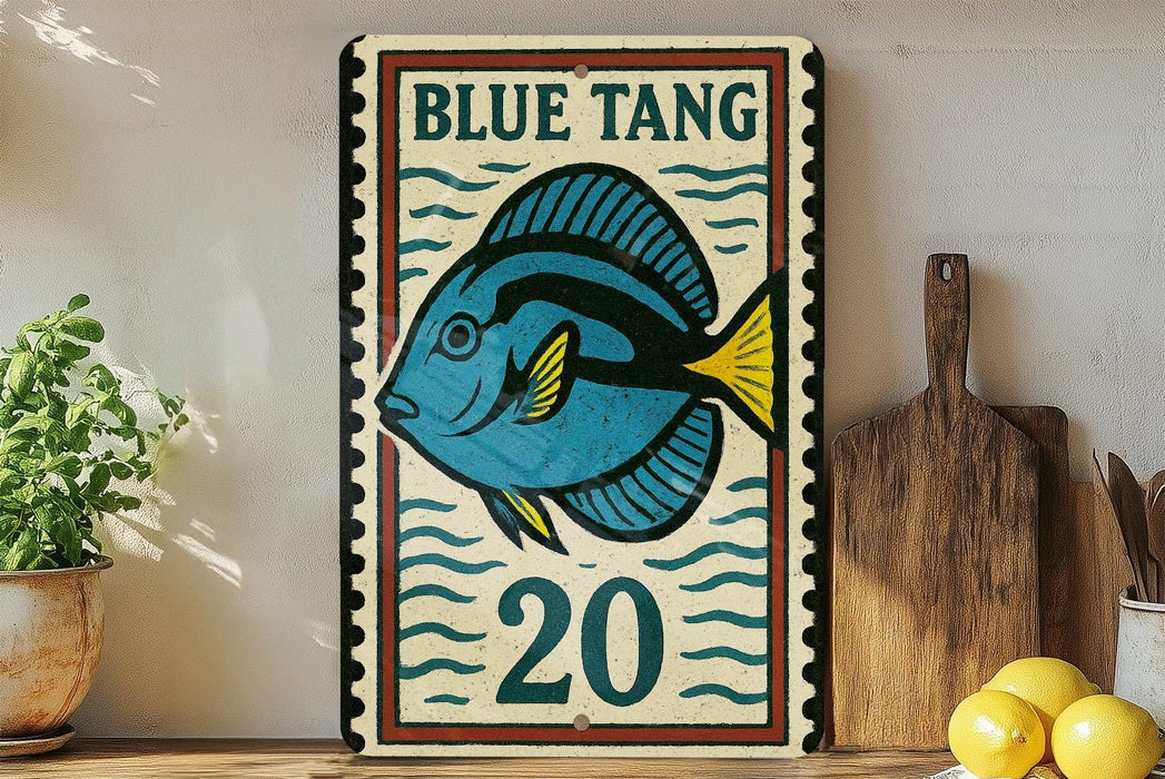 A vintage-style sign featuring a blue fish with the number 20, placed on a wooden surface next to a wooden cutting board and some lemons.