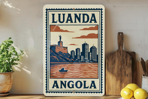 a decorative sign with the text "LUANDA ANGOLA" and an illustration of a cityscape with a boat on the water.