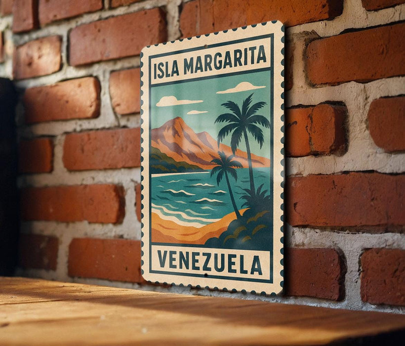 A vintage-style poster of the island of Isla Margarita, featuring a tropical beach scene with palm trees and mountains in the background.