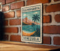 A vintage-style poster of the island of Isla Margarita, featuring a tropical beach scene with palm trees and mountains in the background.