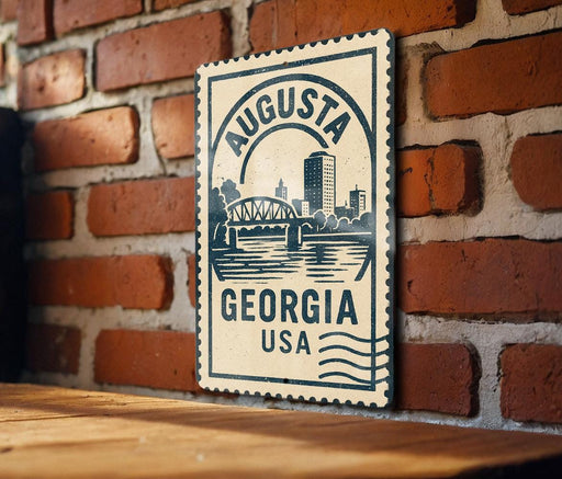 A wooden table with a decorative sign that reads "AUGUSTA GEORGIA USA" hanging on a brick wall.