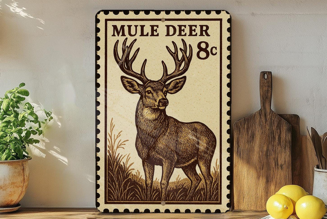 a decorative metal sign with a mule deer illustration, placed on a wooden surface next to a wooden cutting board and some lemons.