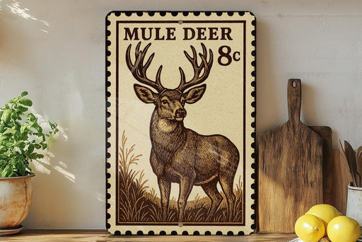a decorative metal sign with a mule deer illustration, placed on a wooden surface next to a wooden cutting board and some lemons.
