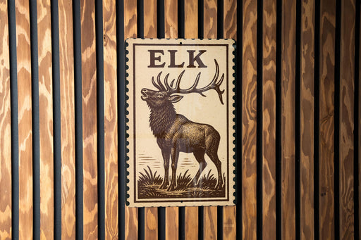 A wooden wall with a framed image of a deer, which appears to be a postage stamp or a decorative piece.