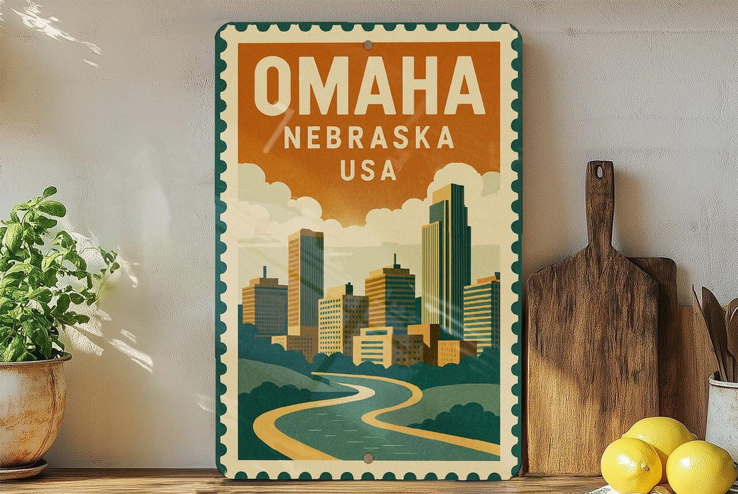 a vintage-style metal sign that reads "OMAHA NEBRASKA USA" with a cityscape illustration. The sign is displayed on a shelf next to a wooden cutting board and a potted plant.