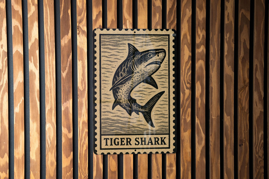 A metal sign with a tiger shark illustration is mounted on a wooden wall.