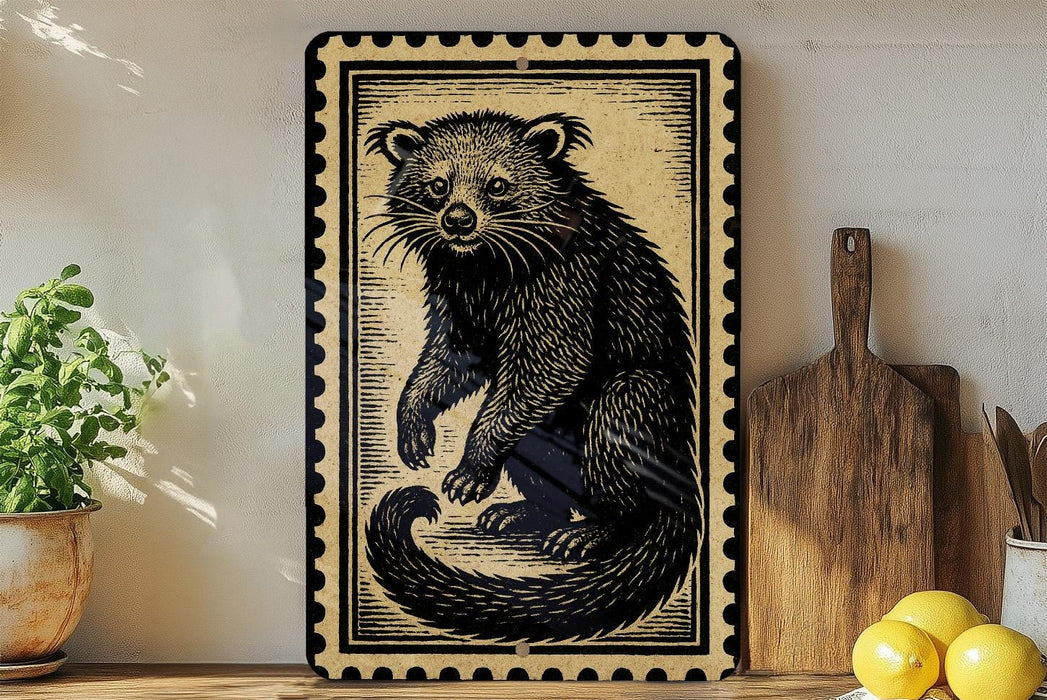 a framed illustration of a raccoon, a wooden cutting board, and some lemons on a shelf.