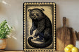 a framed illustration of a raccoon, a wooden cutting board, and some lemons on a shelf.