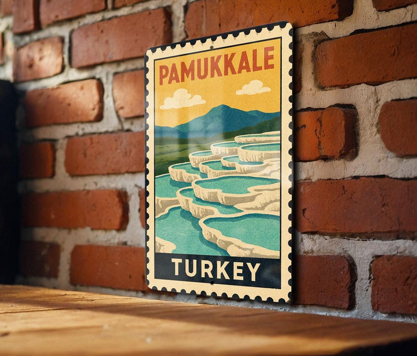 A vintage-style poster of Pamukkale, a famous geyser in Turkey, displayed on a brick wall.