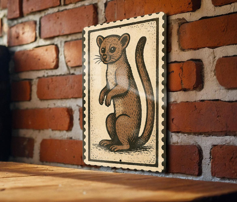 a wooden table with a framed illustration of a cat on it, mounted on a brick wall.