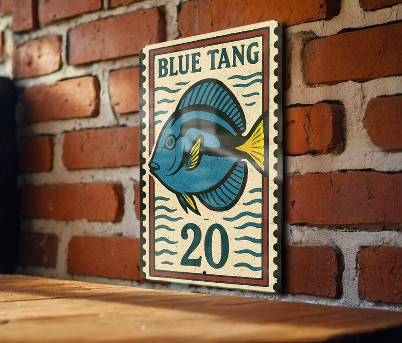 A vintage-style sign featuring a blue fish with the text "BLUE TANG" and the number "20" on it, mounted on a brick wall.